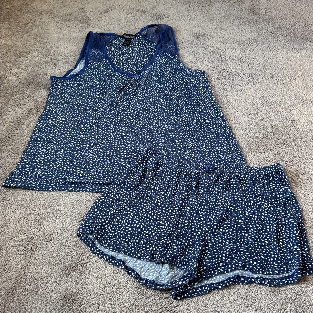 Rene Rofe Pajama Set Blue Print Lace Trim Tank Shorts Sleepwear SIZE M